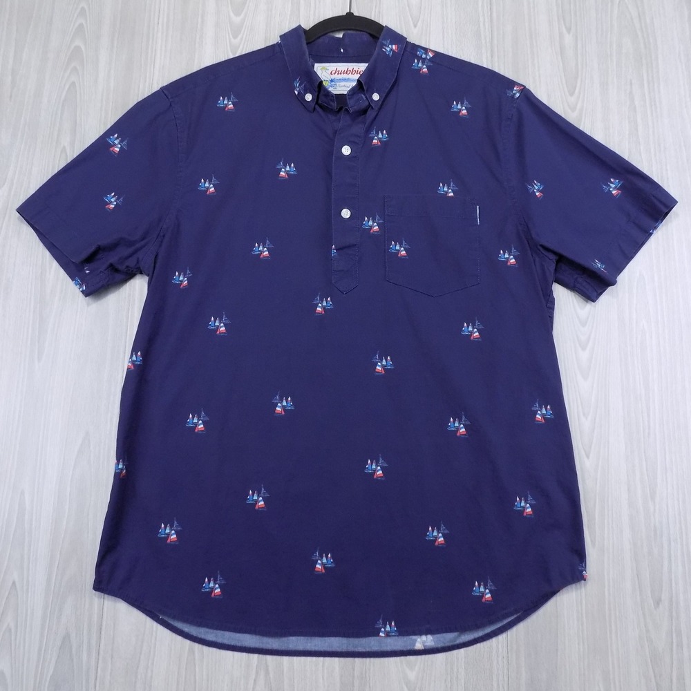 Chubbies Nautical by Nature Popover Shirt Mens Large Navy Sailboat EUC